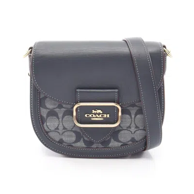 Pre-owned Coach Navy Leather Canvas Handbag Saddle Bag Shoulder Bag ()