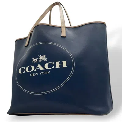 Pre-owned Coach Navy Leather Handbag Shoulder Bag Tote Bag () In Blue