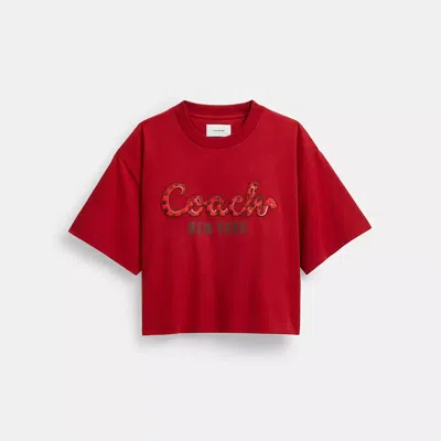 Coach New Year  Snake Script Cropped T Shirt In Organic Cotton In Red