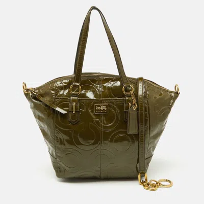 Pre-owned Coach Olive Green Op Art Embossed Patent Leather Madison Satchel