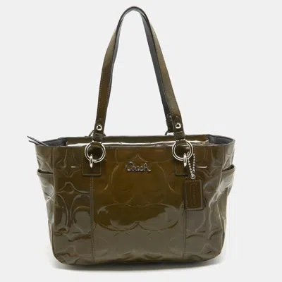 Coach Olive Op Art Embossed Patent Leather East West Gallery Tote In Green