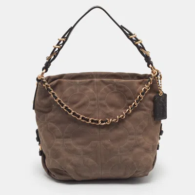Pre-owned Coach Op Art Signature Beige/brown Nubuck And Snake Embossed Leather Zip Hobo In Sand