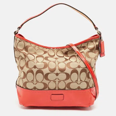 Pre-owned Coach Orange/beige Signature Canvas And Patent Leather Hobo