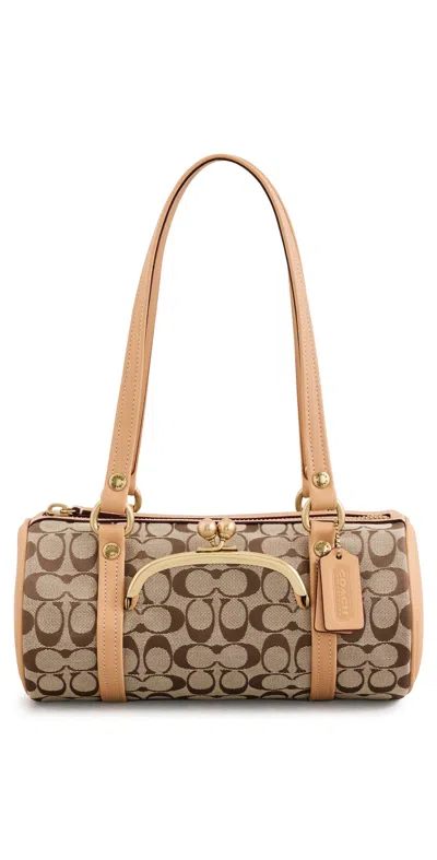 Coach Originals Signature Jacquard Kisslock Barrel Bag 28 Khaki Light Peach
