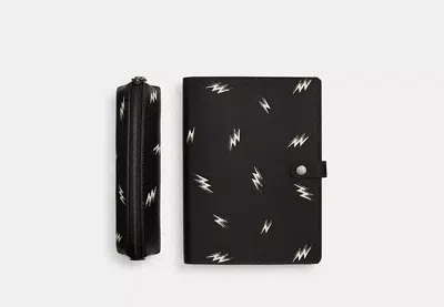Coach Outlet Boxed Notebook And Pencil Case Set With Lightning Bolt Print In Black