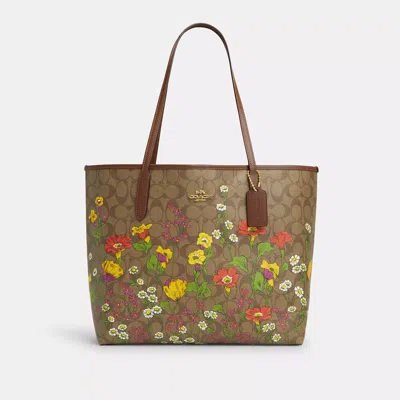 Coach Outlet City Tote In Signature Canvas With Floral Print In Beige