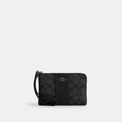 Coach Outlet Corner Zip Wristlet In Signature Canvas With Stripe In Grey