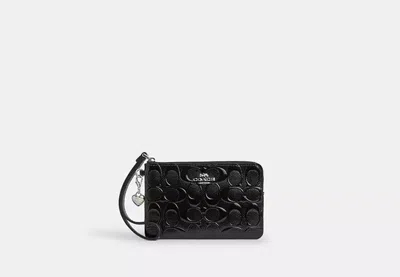 Coach Outlet Corner Zip Wristlet In Signature Leather With Heart Charm In Black
