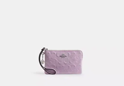 Coach Outlet Corner Zip Wristlet In Signature Leather With Heart Charm In Purple