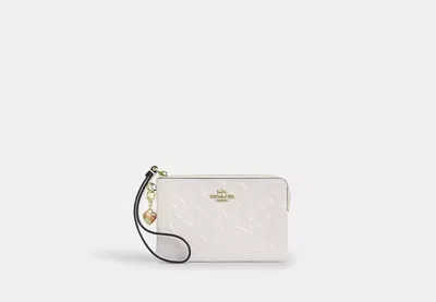 Coach Outlet Corner Zip Wristlet In Signature Leather With Heart Charm In White