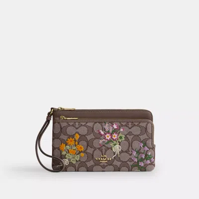 Coach Outlet Double Zip Wristlet In Signature Jacquard With Floral Embroidery