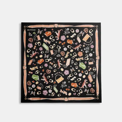 Coach Outlet Iconic Motifs Print Silk Square Scarf In Black