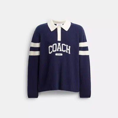 Coach Outlet Knit Long Sleeve Graphic Polo In Blue
