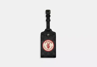 Coach Outlet Luggage Tag In Signature Canvas With Patches In Grey