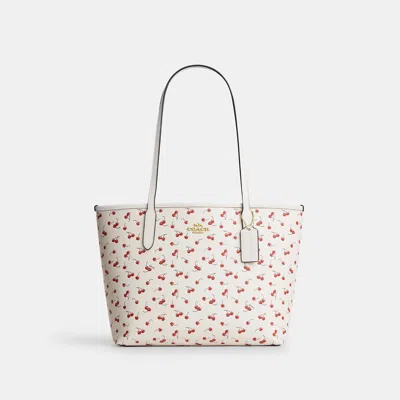 Coach Outlet Medium City Tote Bag With Cherry Print In White