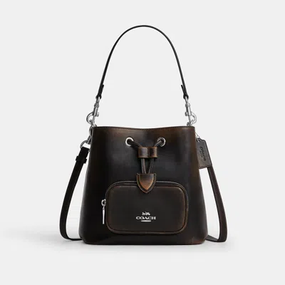Coach Outlet Rowan Bucket Bag With Pocket In Loved Leather In Silver/black Brown