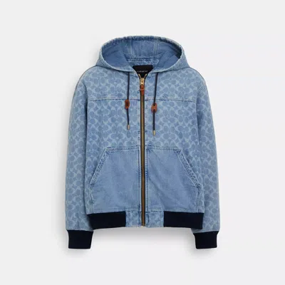 Coach Outlet Signature Denim Hooded Zip Up Jacket In Blue