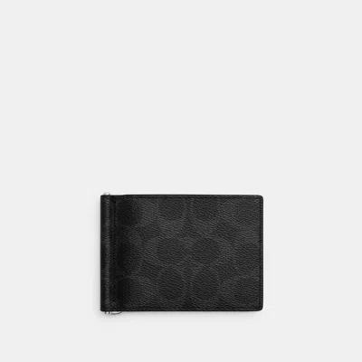 Coach Outlet Slim Money Clip Billfold Wallet In Silver/black Signature