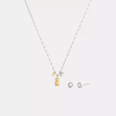 Coach Outlet Teddy Bear And Bow Earrings And Necklace Set In Brown