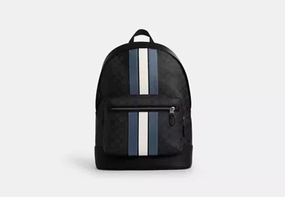 Coach Outlet West Backpack In Signature Canvas With Varsity Stripe In Black