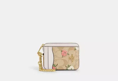 Coach Outlet Zip Card Case In Signature Canvas With Floral Print In Gold/light Khaki Chalk Multi
