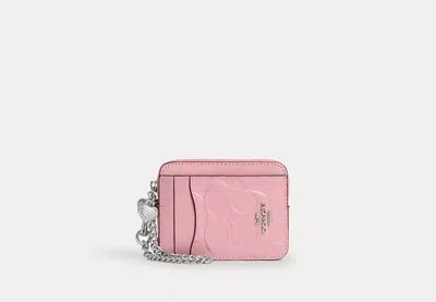 Coach Outlet Zip Card Case In Signature Leather With Heart Charm In Pink