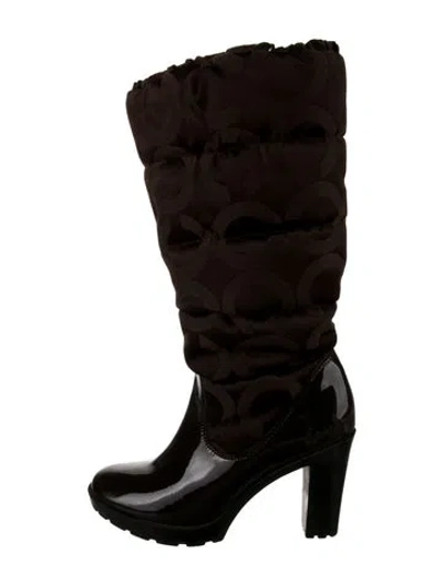 Pre-owned Coach Patent Leather Graphic Print Boots In Brown