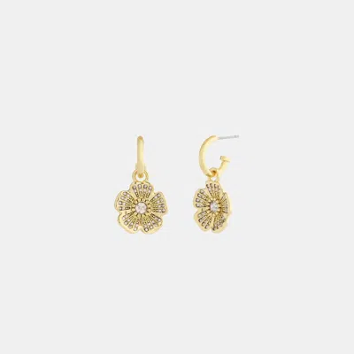 Coach Pavé Tea Rose Charm Huggie Earrings In Gold/clear