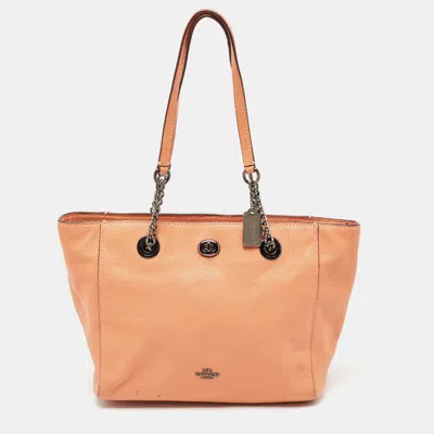 Pre-owned Coach Peach Leather Turnlock Chain Tote In Orange