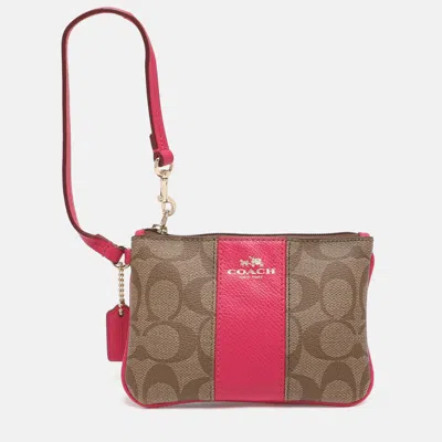 Coach Pink/beige Coated Canvas And Leather Wristlet