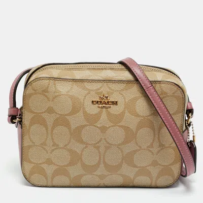 Pre-owned Coach Pink/beige Signature Coated Canvas And Leather Mini Camera Crossbody Bag