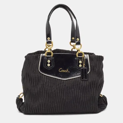 Coach Pleated Satin And Patent Leather Ashley Tote In Black