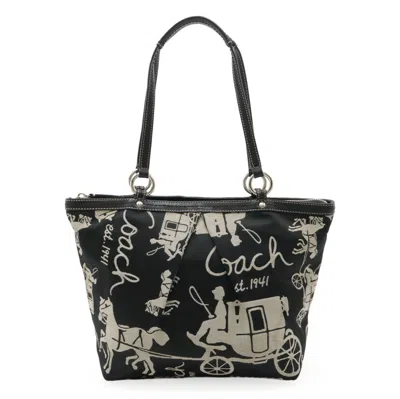 Coach Pleated Tote Bag Satin Canvas Leather In Black