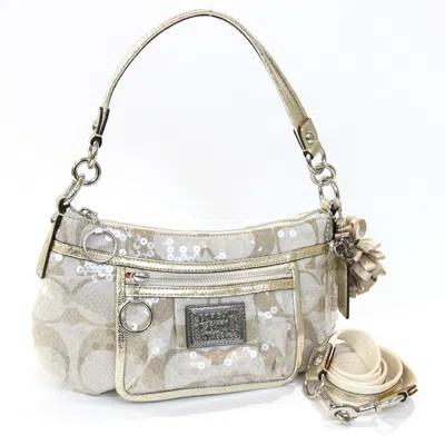 Pre-owned Coach Poppy Champagne Gold Canvas Spangles Leather Shoulder Bag () In Multi