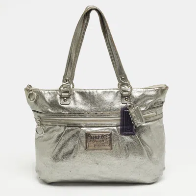 Pre-owned Coach Poppy Glam Metallic Grey Leather Tote In Silver