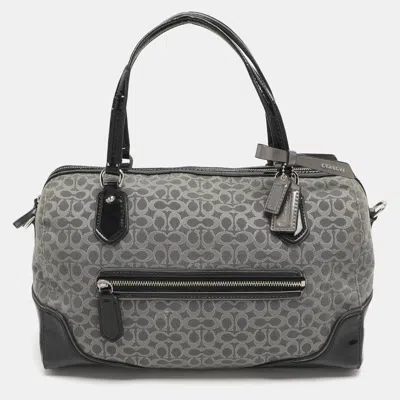 Pre-owned Coach Poppy Grey/black Canvas And Patent Leather East West Satchel In Gray