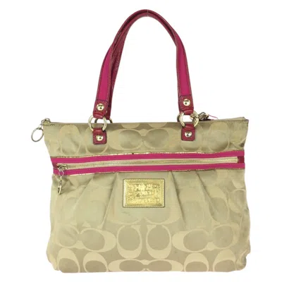 Coach Poppy Signature Canvas Patent Leather Tote In Sand
