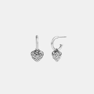 Coach Quilted Signature Heart Huggie Earrings In Silver