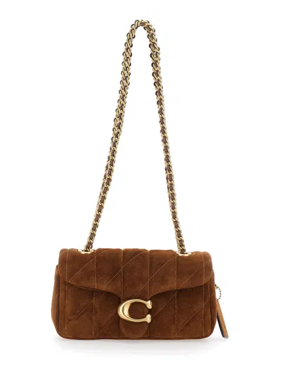 Coach Quilted Suede Crossbody Handbag With Chain Handles, Logo Plaque Closure And 20x11x7 Cm Size In Brown