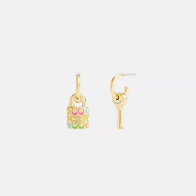 Coach Rainbow Quilted Padlock Key Mismatch Earrings In Gold/multi