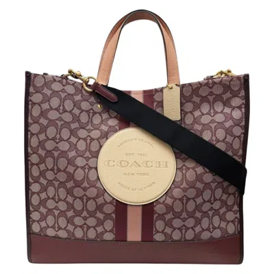 Pre-owned Coach Red Color Wine Leather Canvas Tote Bag () In Red Color, Wine