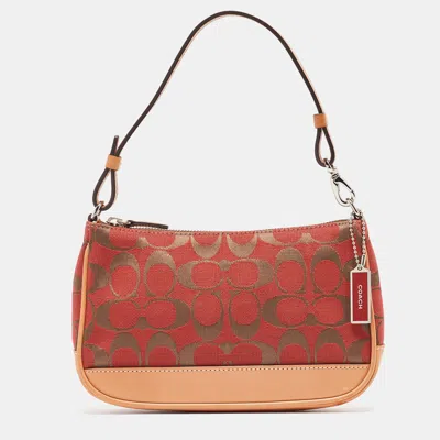 Pre-owned Coach Red/beige Signature Canvas And Leather Pochette Bag
