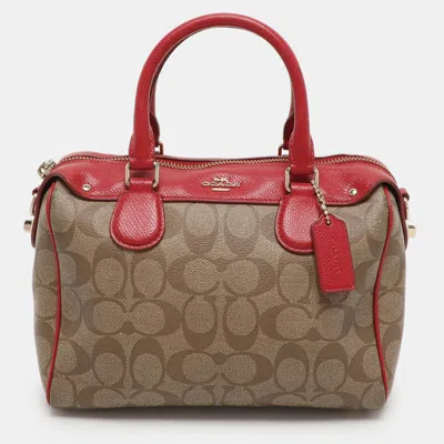 Pre-owned Coach Red/beige Signature Coated Canvas And Leather Mini Bennett Satchel
