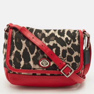 Pre-owned Coach Red/black Leopard Print Fabric And Leather Park Ocelot Crossbody Bag