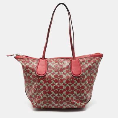 Coach Red/grey Signature Coated Canvas And Leather Taxi Zip Tote In Green