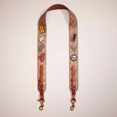 Coach Restored Strap In Signature Canvas With Patches In Brass/tan/rust