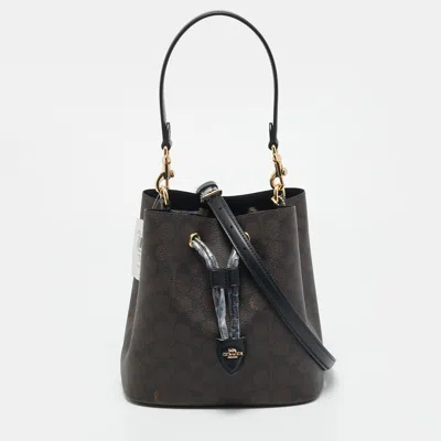 Pre-owned Coach Rowan Brown Signature Coated Canvas Leather Bucket Bag