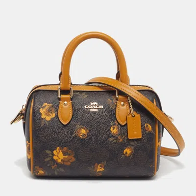 Pre-owned Coach Rowan Mini Brown/yellow Floral Print Signature Coated Canvas And Leather Satchel