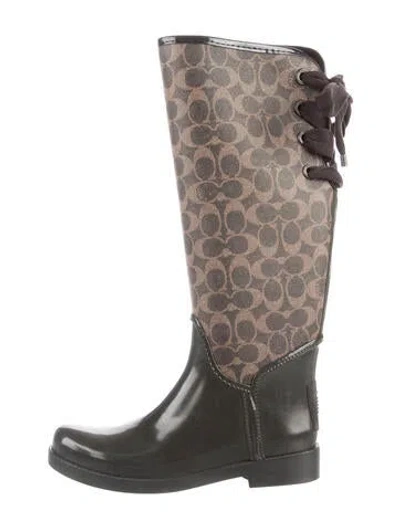 Pre-owned Coach Rubber Graphic Print Rain Boots In Brown