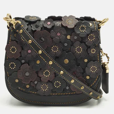 Pre-owned Coach Saddle 17 Floral Applique Black/burgundy Leather Crossbody Bag